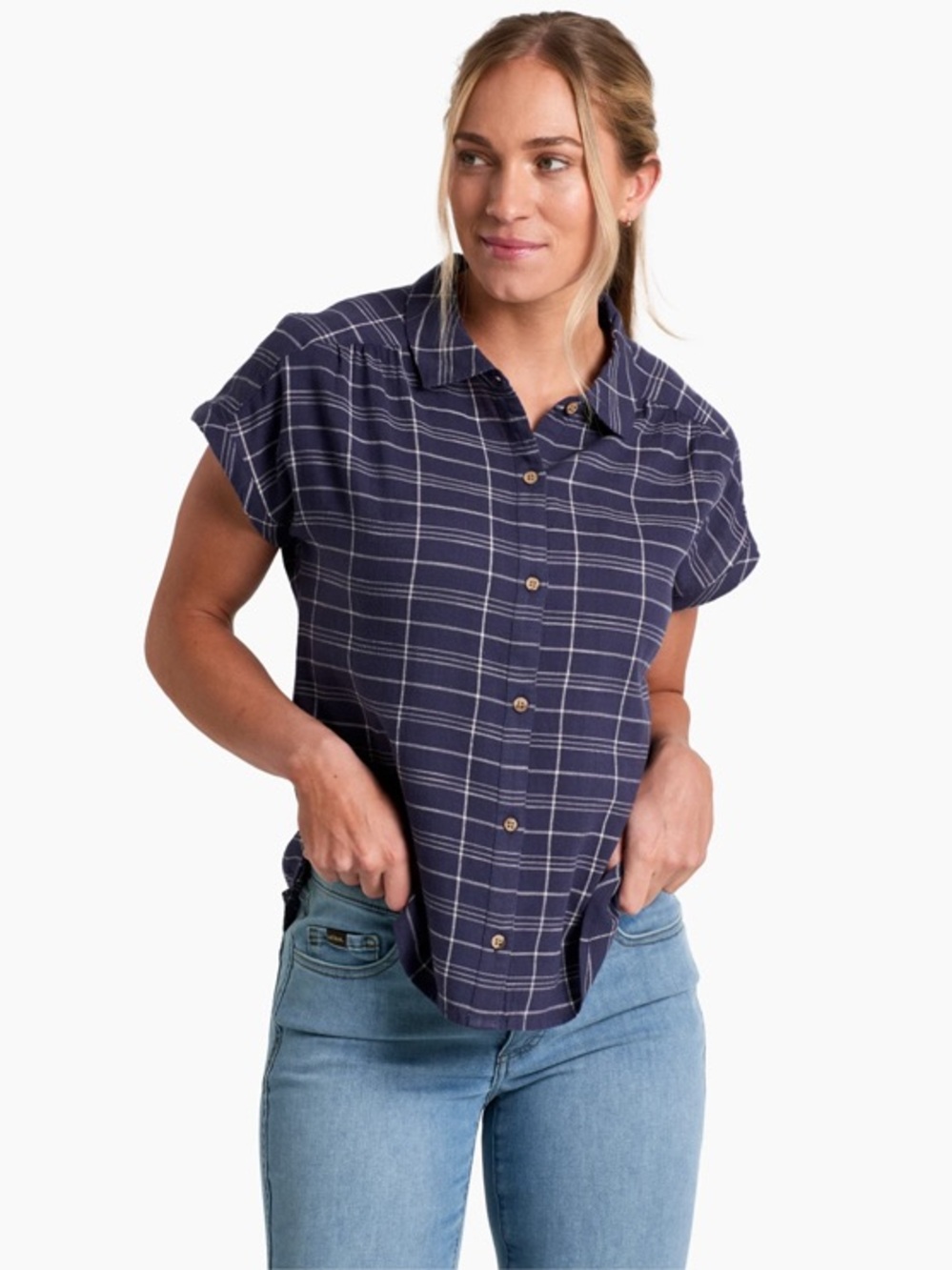 Kuhl Wylde Shirt Blue Slub Cotton Ecovero Plaid Short Sleeve Button Down Outdoor